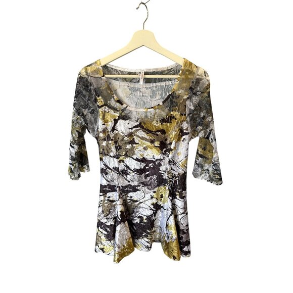 Lindi Abstract Floral Tunic Top 3/4 Sleeve Scoop Neck Flowy Hem S Black Artsy - Picture 3 of 8